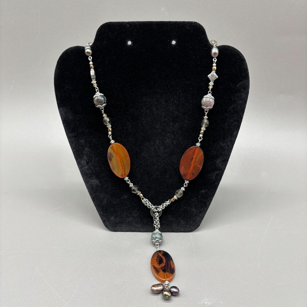 Park Lane Lariat Necklace Agate Jasper Tiger Eye Pearl Boho Statement Jewelry